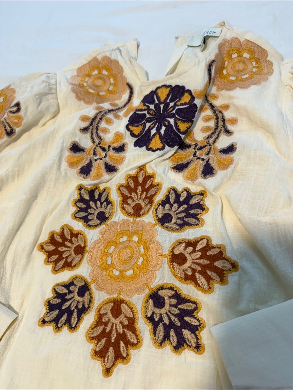 Pinch Embroidered Cream Peasant Blouse with Mustard & Navy Floral Motifs Size L - Picture 4 of 6